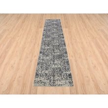 Load image into Gallery viewer, 2&#39;7&quot;x12&#39;2&quot; Wool and Art Silk Hand Loomed Light Gray Fine Jacquard with Erased Design Oriental Runner Rug FWR379662
