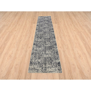 2'7"x12'2" Wool and Art Silk Hand Loomed Light Gray Fine Jacquard with Erased Design Oriental Runner Rug FWR379662