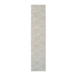 2'7"x12' Beige Wool and Plant Based Silk Hand Loomed Fine Jacquard with Erased Design Oriental Runner Rug FWR379668