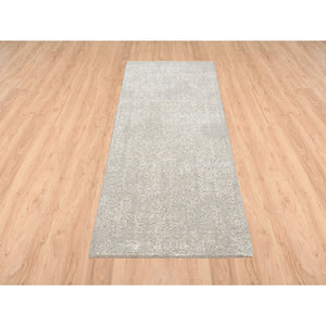 2'5"x5'10" Beige, Fine Jacquard with Erased Design, Hand Loomed, Wool and Art Silk Oriental Runner Rug FWR379686