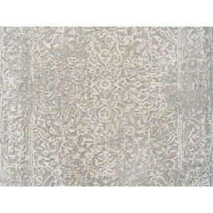 2'5"x5'10" Beige, Fine Jacquard with Erased Design, Hand Loomed, Wool and Art Silk Oriental Runner Rug FWR379686