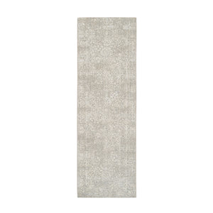 2'5"x7'10" Beige Fine Jacquard with Erased Design, Wool and Plant Based Silk, Hand Loomed, Oriental Runner Rug FWR379692