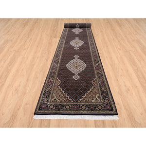 4'2"x20' Hand Knotted Wool Black Tabriz Mahi with Fish Medallions Design Oriental Wide XL Runner Rug FWR379746
