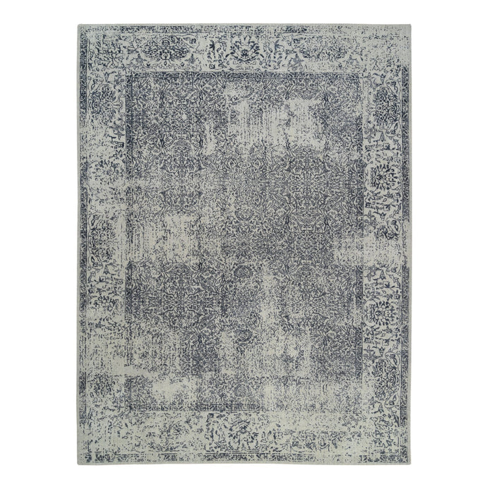 9'x12' Light Gray Fine Jacquard with Erased Design Wool and Plant Based Silk Hand Loomed Oriental Rug FWR379782