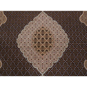 8'6"x12'2" Black Tabriz Mahi with Fish Medallion Design Wool Hand Knotted Oriental Rug FWR379848