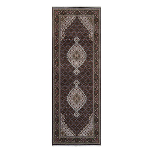 3'10"x10'4" Wool Black Tabriz Mahi with Fish Medallions Design Hand Knotted Wide Runner Oriental Rug FWR379920