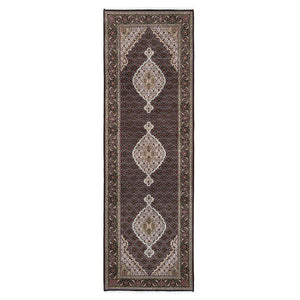 3'9"x12' Wool Black Tabriz Mahi with Fish Medallions Design Hand Knotted Wide Runner Oriental Rug FWR380010
