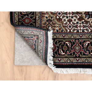 3'9"x12' Wool Black Tabriz Mahi with Fish Medallions Design Hand Knotted Wide Runner Oriental Rug FWR380010