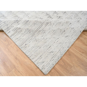9'1"x11'9" Repetitive Curvilinear Design Hand Knotted Undyed Natural Wool Ivory Tone on Tone Oriental Rug FWR380208