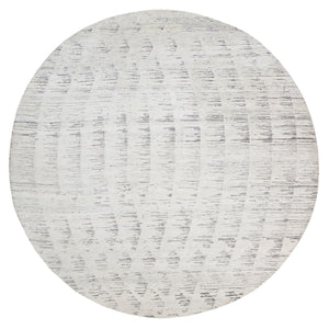 9'10"x9'10" Ivory Tone on Tone Repetitive Curvilinear Design Hand Knotted Undyed Natural Wool Oriental Round Rug FWR380256