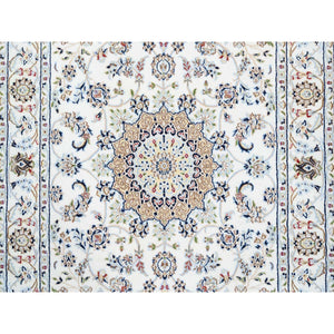 4'1"x12' Ivory Nain with Center Medallion Flower Design 250 KPSI Wool Hand Knotted Oriental Wide Runner Rug FWR380394