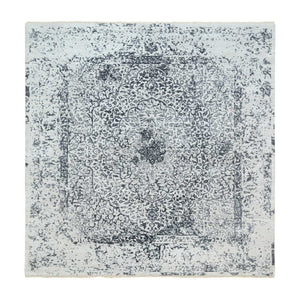 8'x8' Hand Knotted Silver Gray Erased Persian Design Wool and Pure Silk Oriental Square Rug FWR380730