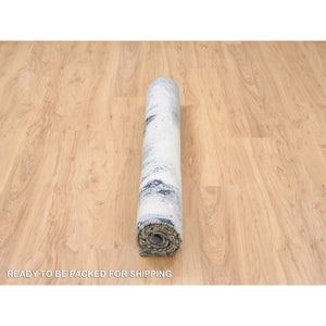 4'1"x6' Gray with Touches of Ivory Abstract Design Wool and Silk Hand Knotted Oriental Rug FWR380772