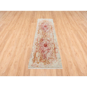 2'6"x8' Pink Persian Erased Medallion Design Wool and Pure Silk Hand Knotted Oriental Runner Rug FWR380778