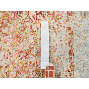 2'6"x8' Pink Persian Erased Medallion Design Wool and Pure Silk Hand Knotted Oriental Runner Rug FWR380778