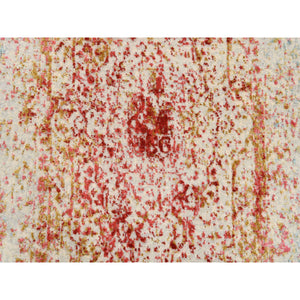 2'6"x8' Pink Persian Erased Medallion Design Wool and Pure Silk Hand Knotted Oriental Runner Rug FWR380778