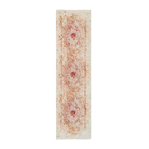 2'7"x9'9" Persian Erased Medallion Design Wool and Pure Silk Hand Knotted Pink Oriental Runner Rug FWR380784