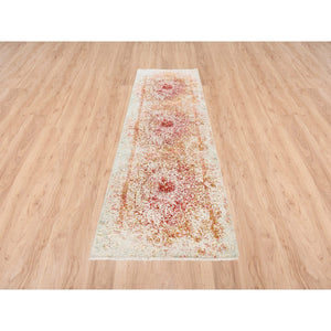 2'7"x9'9" Persian Erased Medallion Design Wool and Pure Silk Hand Knotted Pink Oriental Runner Rug FWR380784