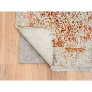 2'7"x9'9" Persian Erased Medallion Design Wool and Pure Silk Hand Knotted Pink Oriental Runner Rug FWR380784