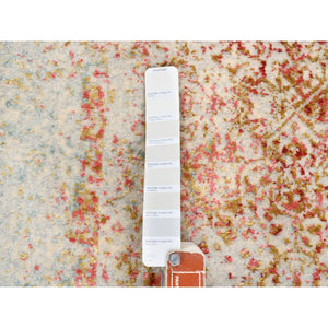 2'7"x9'9" Persian Erased Medallion Design Wool and Pure Silk Hand Knotted Pink Oriental Runner Rug FWR380784