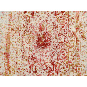 2'7"x9'10" Wool and Pure Silk Hand Knotted Pink Persian Erased Medallion Design Oriental Runner Rug FWR380790
