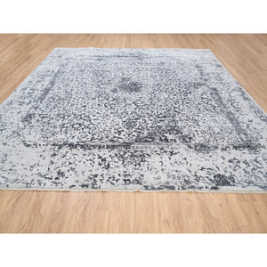 12'x12' Silver Gray Erased Persian Design Wool and Pure Silk Hand Knotted Oriental Square Rug FWR380802