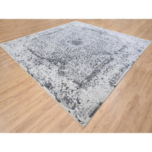 Load image into Gallery viewer, 12&#39;x12&#39; Silver Gray Erased Persian Design Wool and Pure Silk Hand Knotted Oriental Square Rug FWR380802