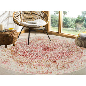 9'8"x9'8" Wool and Pure Silk Hand Knotted Pink Persian Erased Medallion Design Oriental Round Rug FWR380808