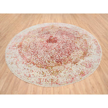 Load image into Gallery viewer, 9&#39;8&quot;x9&#39;8&quot; Wool and Pure Silk Hand Knotted Pink Persian Erased Medallion Design Oriental Round Rug FWR380808