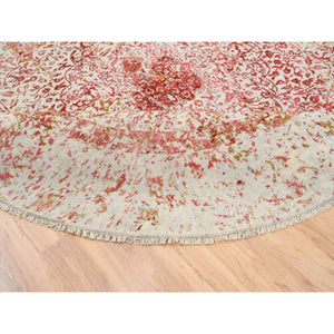 9'8"x9'8" Wool and Pure Silk Hand Knotted Pink Persian Erased Medallion Design Oriental Round Rug FWR380808