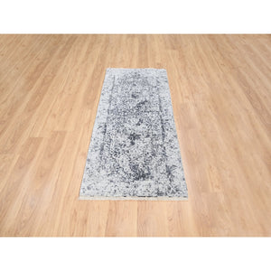2'6"x5'10" Wool and Pure Silk Hand Knotted Silver Gray Erased Persian Design Oriental Runner Rug FWR380850