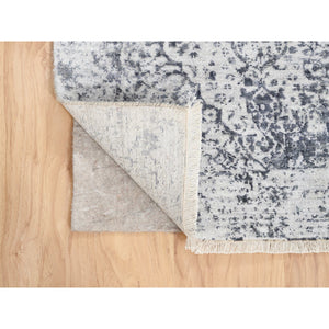 2'6"x5'10" Wool and Pure Silk Hand Knotted Silver Gray Erased Persian Design Oriental Runner Rug FWR380850