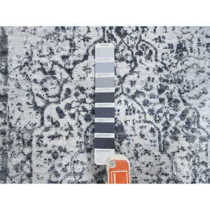 2'6"x5'10" Wool and Pure Silk Hand Knotted Silver Gray Erased Persian Design Oriental Runner Rug FWR380850