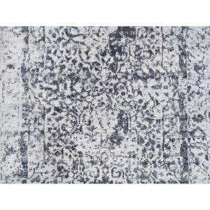 2'6"x5'10" Wool and Pure Silk Hand Knotted Silver Gray Erased Persian Design Oriental Runner Rug FWR380850