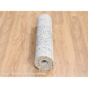 2'6"x5'10" Wool and Pure Silk Hand Knotted Silver Gray Erased Persian Design Oriental Runner Rug FWR380850