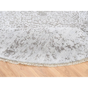 11'9"x11'9" Hand Knotted Silver Gray Broken Persian Design Wool and Pure Silk Oriental Round Rug FWR380862