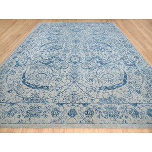11'10"x15' Hand Loomed Gray Fine Jacquard with Sickle Leaf Design Wool and Plant Based Silk Oriental Oversized Rug FWR380880