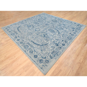 10'x10' Gray Fine Jacquard with Sickle Leaf Design Wool and Plant Based Silk Hand Loomed Oriental Square Rug FWR380886