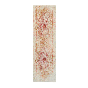 2'4"x8' Hand Knotted Pink Persian Erased Medallion Design Wool and Pure Silk Oriental Runner Rug FWR380892