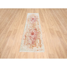 Load image into Gallery viewer, 2&#39;4&quot;x8&#39; Hand Knotted Pink Persian Erased Medallion Design Wool and Pure Silk Oriental Runner Rug FWR380892