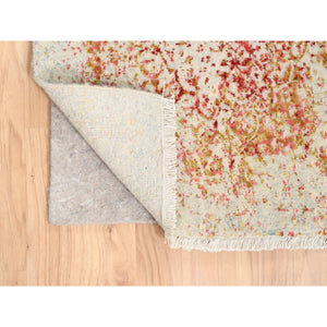 2'4"x8' Hand Knotted Pink Persian Erased Medallion Design Wool and Pure Silk Oriental Runner Rug FWR380892