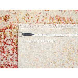 2'4"x8' Hand Knotted Pink Persian Erased Medallion Design Wool and Pure Silk Oriental Runner Rug FWR380892