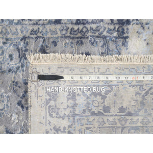 2'8"x7'8" Hand Knotted Gray Broken Kashan Design Wool with Pure Silk Oriental Runner Rug FWR380976