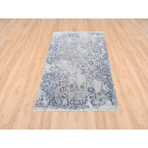 3'2"x4'10" Wool with Pure Silk Hand Knotted Gray Broken Kashan Design Oriental Rug FWR380982