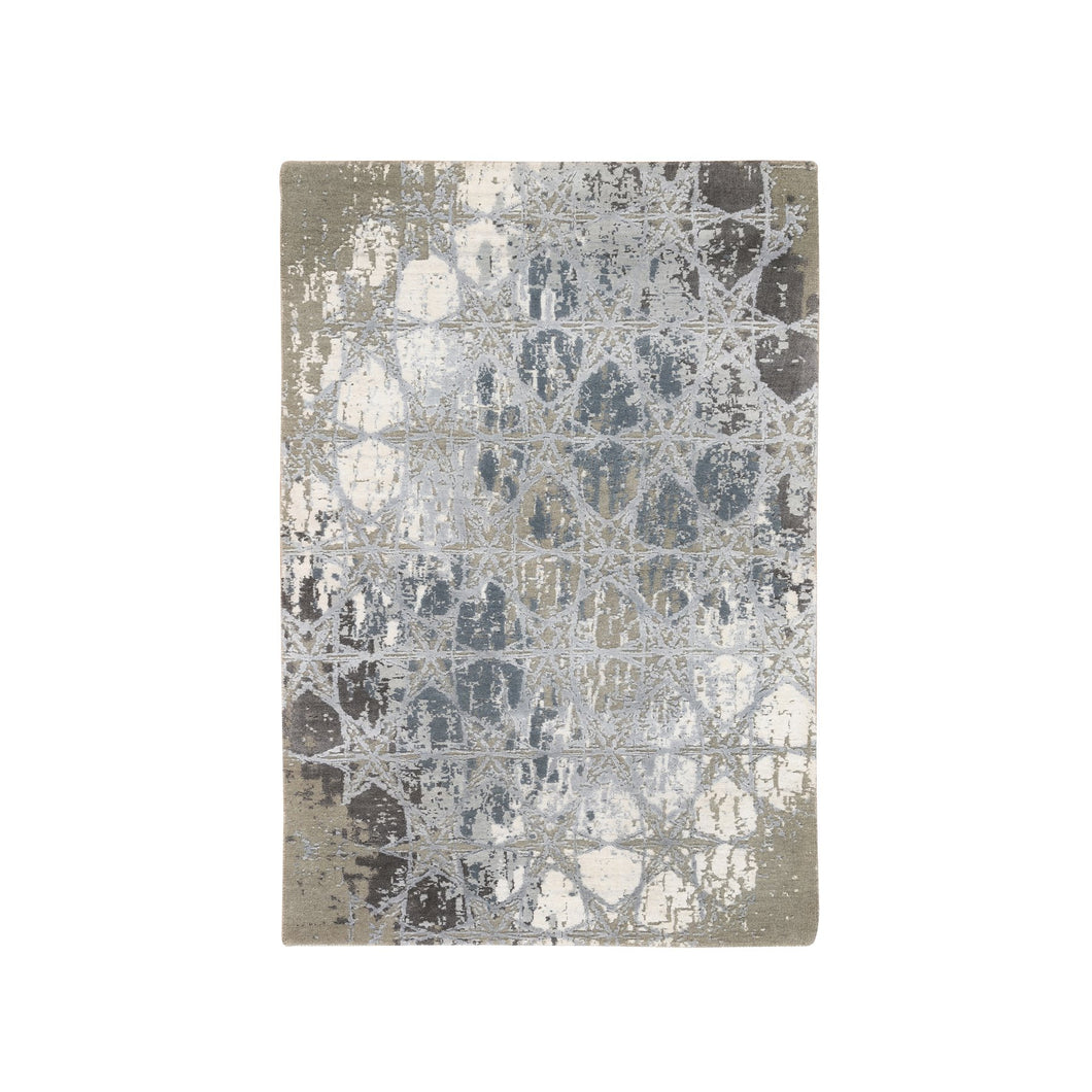 3'x5' The Honeycomb Hand Knotted Gray Wool and Silk Award Winning Design Oriental Rug FWR380994