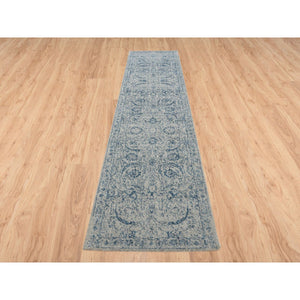 2'6"x12' Fine Jacquard with Sickle Leaf Design Wool and Plant Based Silk Hand Loomed Gray Oriental Runner Rug FWR381054