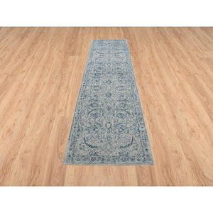 2'6"x10' Wool and Plant Based Silk Hand Loomed Gray Fine Jacquard with Sickle Leaf Design Oriental Runner Rug FWR381066