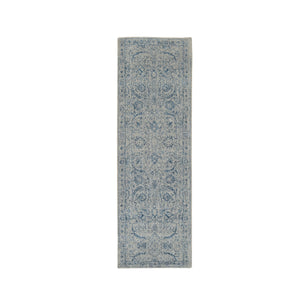 2'7"x8'1" Fine Jacquard with Sickle Leaf Design Wool and Plant Based Silk Hand Loomed Gray Oriental Runner Rug FWR381078