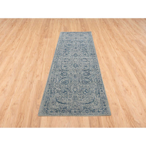 2'7"x8'1" Fine Jacquard with Sickle Leaf Design Wool and Plant Based Silk Hand Loomed Gray Oriental Runner Rug FWR381078