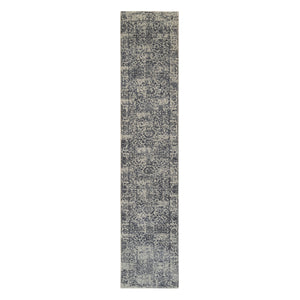 2'7"x12'2" Hand Loomed Gray Fine Jacquard with Erased Design Wool and Plant Based Silk Oriental Runner Rug FWR381090